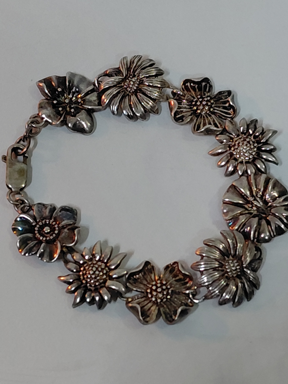 Vintage Flower Sterling Silver Link Bracelet: Sunflower.